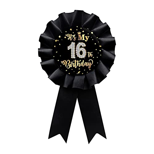 Black It's My 16th Birthday Tinplate Badge Pin, Happy 16th Birthday Boys and Girls Award Ribbon Party Decorations Sign