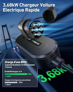 Evjuicion Chargeur Voiture Electrique 16A [3,68kW, 6m] EV Chargeur Type 2, Domestique Cable Recharge Voiture Electrique avec Indicateurs LED, IP67 Portabilité Cable Voiture Electrique avec Sac