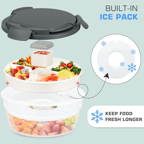Image of Salad Container for Lunch, Bento Lunch Box 58-oz with 4 Compartments Tray and Ice Pack, Leak-Proof Salad Bowl with Lid for Adults, BPA-Free Lunch Box for Meal Prep & Food Storage(Grey)