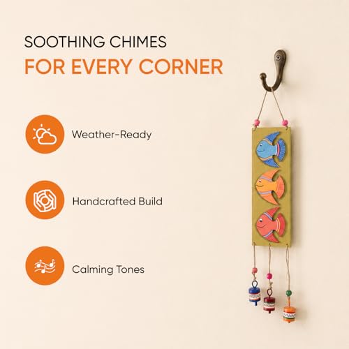 Image of Aakriti Art Creations Fishy Hues Windchime Multicolor | Handmade Modern Art Wooden & Metal Wind Chime | Matte Decorative Wind Chimes for Balcony, Garden, Living Room & Gifting