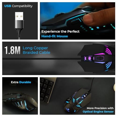 Image of Lapcare Champ LGM-105 Gaming Mouse, 6 Buttons, 4 Adjustable DPI Levels Upto 3600 DPI, 5 Circular & Breathing LED Light, Wired Mouse (Black)