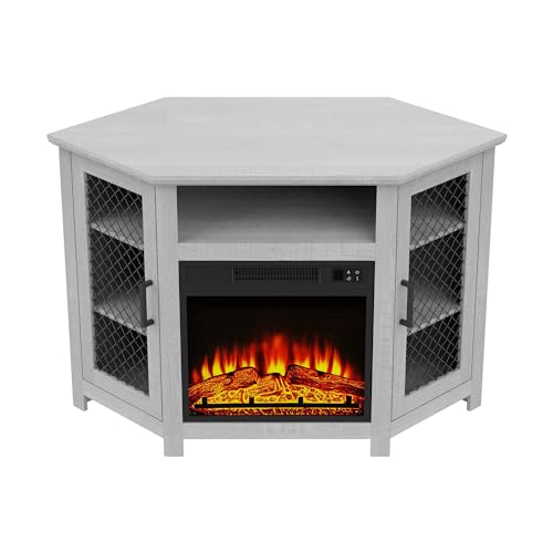 47' Corner Fireplace TV Stand Up to 55' TVs with 18' Electric Fireplace, Rustic Media TV Stands for Living Room, Television Stands with Adjustable Shelves, Entertainment Media Stand (Gray)