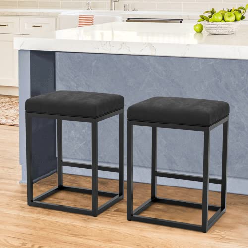 24" Bar Stools, Backless Velvet Barstools Set Of 2, Modern Square Counter Stools With Thick Cushion Metal Steel Frame Base For Kitchen, Dining, Cafe, Pub, Black #TOP24