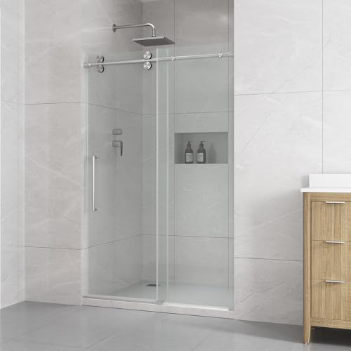 OVE Decors Reva 48' W x 74' H Frameless Sliding Shower Door, 8mm Tempered Clear Glass, Reversible Alcove Design, Satin Nickel Hardware