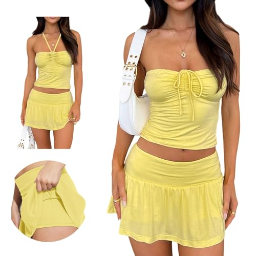 Hafailia Two Piece Sets for Women Going Out Summer Y2K Tie Ruched Tube Crop Tops Low Rise Pleated Mini Skort 2 PC Skirts Outfits Yellow S
