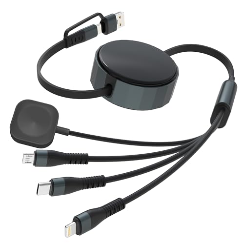Retractable Multi Charging Cable for Apple Watch - 100W Retractable 4-in-1 Multi Charging Cable with USB-C, Lightning, Micro USB & iWatch Port, Portable Travel Charger Cord for iPad, iPhone, Android by Bawanfa Plus - Used condition - US$21.43