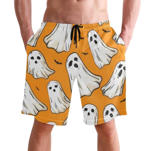 Men's Swim Trunks Quick Dry Swimming Shorts with Pocket Ghost Pattern on Orange Background Swimsuit Trunks