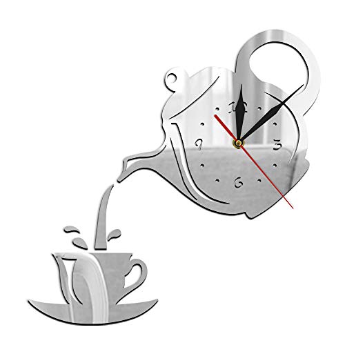The Geeky Days DIY Teapot and Cup Design Acrylic Mirror Modern Wall Clock Tea Kettle Hanging Watch Kitchen Decor