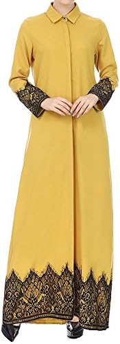 QueenMM Women's Cotton Long Sleeve Muslim Dress with Button Down Dubai Kaftan Long Dress Abaya Islamic Clothing