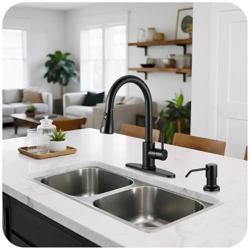 Image of Pull Down Kitchen Faucet with Soap Dispenser - Matte Black Single Handle Kitchen Faucets, High Arc Stainless Steel Pull Out Kitchen Sink Faucet with Deck for RV Laundry Farmhouse Bar