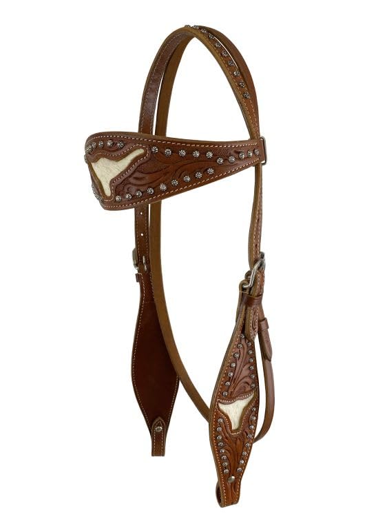 Showman Tooled Leather Headstall & Breast Collar w/Cut Out Steer Heads & Cowhide (Medium Oil) by Showman - Image 3