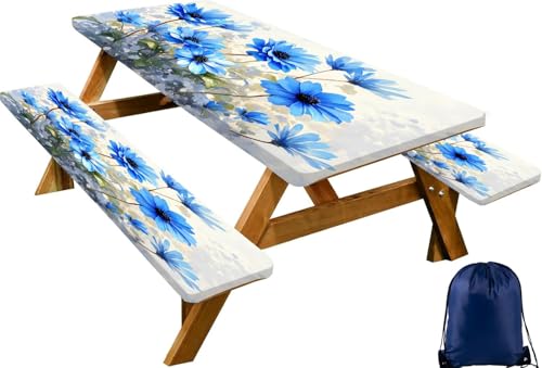 CAPSCEOLL Fitted Picnic Table Cover with Bench Covers 5ft - Blue Flowers