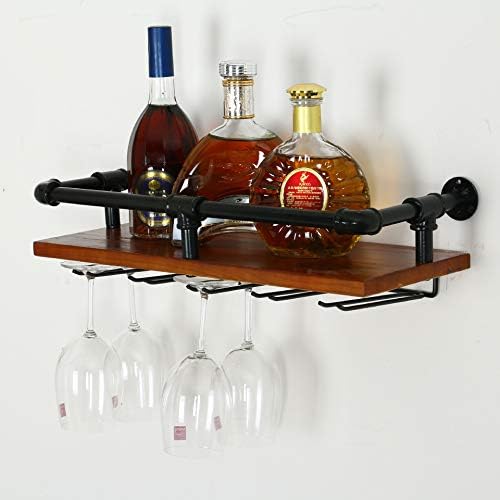 ZOVOTA Wall Mounted Wine Rack Hanging Glass Rustic Wine Rack with 5 Stem Glass Holder Floating Pipe Shelf Hanging Wood Shelf for Home Kitchen Bar
