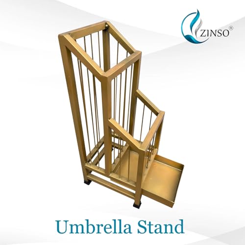 Image of ZINSO Umbrella Stand | Multipurpose Metal Black Rack | Storage Bucket for Umbrellas, Sports Equipment with Detachable Drip Tray | Easy to Clean | Made in India (No Wheels, Golden)