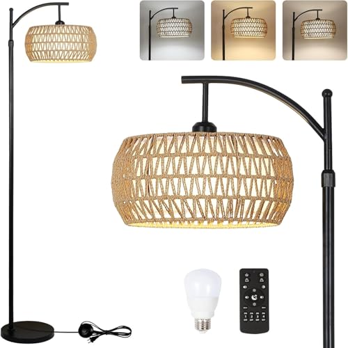 VANLUDA Bogenlampe Wohnzimmer Stehlampe, Vintage Stehlampe mit Rattan Lampenschirm, Boho Stehlampe mit Fernbedienung und LED-Glühbirne, Dimmbar Stehlampe für Schlafzimmer Büro, Schwarz (2033)