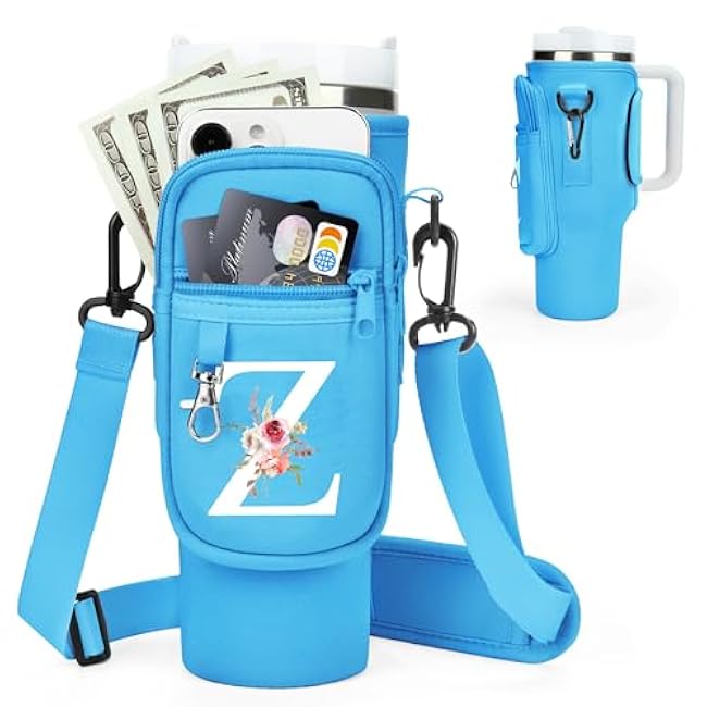 Initial Water Bottle Holder with Strap for Stanley 40 oz Tumbler/Simple Modern 40 oz Tumbler,Water Bottle Carrier Bag with Strap,Personalized A-Z Phone Pocket for Stanley Cup Accessories