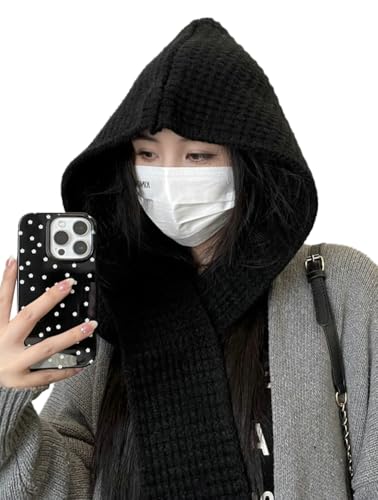 Women Winter 3 in 1 Hooded Hat Scarf Wrap Shawl Winter Warm Elastic Soft Ear Protection Knitted Beanie Hooded Scarf - Main Image