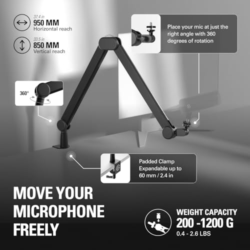 Image of Elgato Wave Mic Arm MK.2, Studio Boom Arm for Microphones | Rises above monitors or stays low profile, Silent operation, Slim all-metal design, Padded clamp fits tight spaces