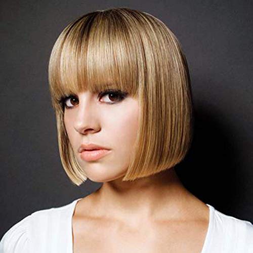 MIMAN Short Bob Straight Wig With Cute Flat Bangs Pixie Bob Wig Strawberry Blonde Cosplay Costume Full Replacement Wig for Women（Strawbreey blonde）