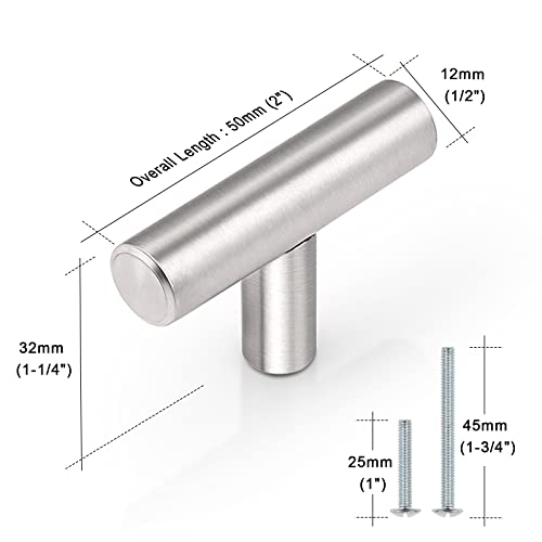 Image of Probrico Kitchen Cabinet Knobs, Stainless Steel Drawer Pulls Satin Nickel Dresser Knobs Furniture Hardware,2 Inch Total Length Euro T Bar, 30 Pack - Single Hole, Brushed Nickel