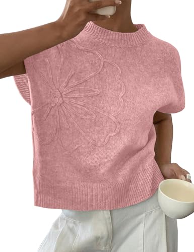 Image of 2026 Womens Floral Sweater Vest Cute Cap Sleeve Tops 3D Flower Decor Knit Tank Top Loose Spring Fall Summer Clothes