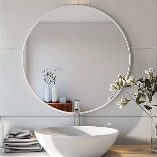 Image of Sunniry White Round Mirror 22 inch, Bathroom Mirror Matte Metal Frame, Circle Mirrors for Living Room, Bathroom, Wall, Hallway.