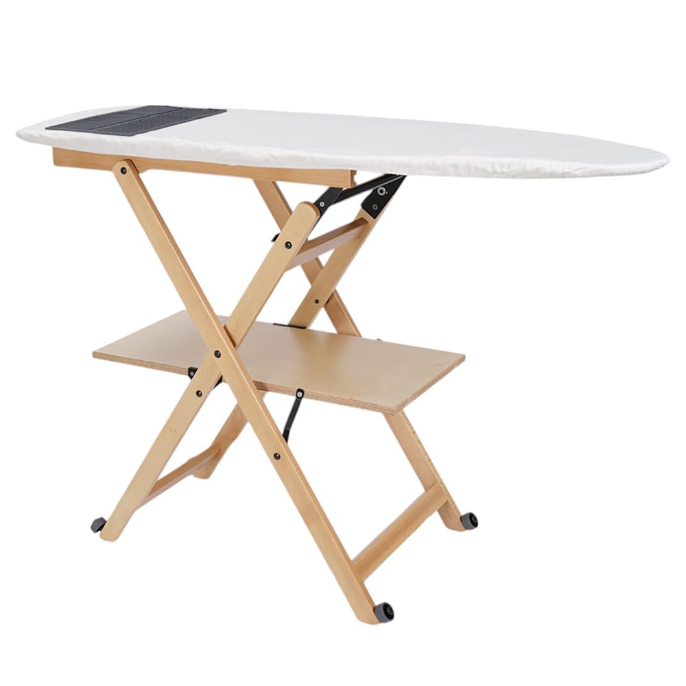 Asse da stiro in legno di faggio richiudibile con ruote e ripiano porta biancheria – modello Revi Made in italy (Naturale)
