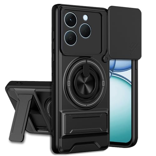 Image of Realme 15T 5G / Realme Narzo 90 5G Back Cover | Armor Camera Slider 360 Degree Rotating Finger Ring Holder Case with Bracket Stand Back Case Cover (Compatible with MagSafe Accessories) (Black)