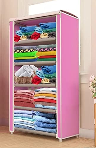 Image of CMerchants Plastic Multipurpose Collapsible Tree House Wardrobe Organizer With Non Woven Dustproof Zip Cover For Clothes (5 Shelve,) (Pink)