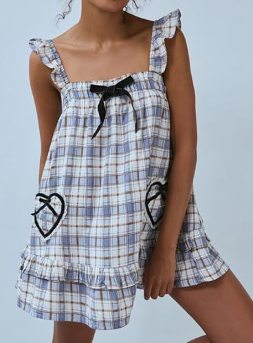 Image of NUFIWI Y2K Ruffle Hem Babydoll Mini Dresses Square Neck Spaghetti Strap Short Dresses Boho Flowy Patchwork Sundress Vocation
