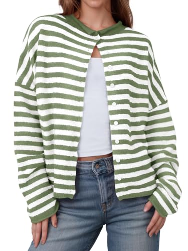 Image of Saodimallsu Womens Striped Cardigan Casual Long Sleeve Open Front Button Down Loose Knit Lightweight Fall Sweaters