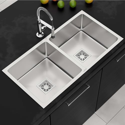 Image of LAPO Sink for Kitchen Build from Stainless Steel | 45x20x9 Inch Double Bowl Design | UV Resistant Finish with Ready Tap Cut-Out | Drain Set with Strainer | 20 Years Warranty (Silver Matt)
