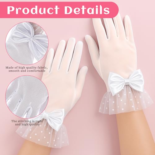Bow Lace Tea Party Gloves for Women, Formal Short Tea Party Gloves, Elegant Polka Dots White Wedding Glove Formal Uniform Accessories for Bridal Wedding Evening4