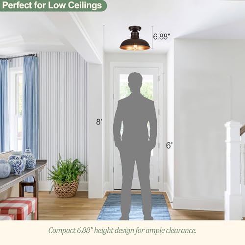 Image of GOLDHILL 10 inch Semi Flush Mount Ceiling Light, Oil Rubbed Bronze Industrial Barn Shade with Gold Interior, 1-Light Bowl Fixture for Kitchen Island, Hallway and Covered Porch
