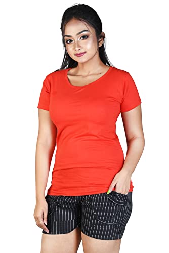 Image of Women's Super Soft Round V Neck Short Sleeves Cotton Solid Regular Fit T-Shirt