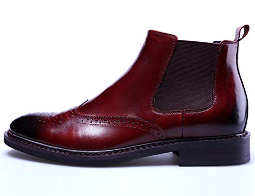Santimon Men's Leather Brogue Wing Tip Chelsea Dress Ankle Boots Black Red2