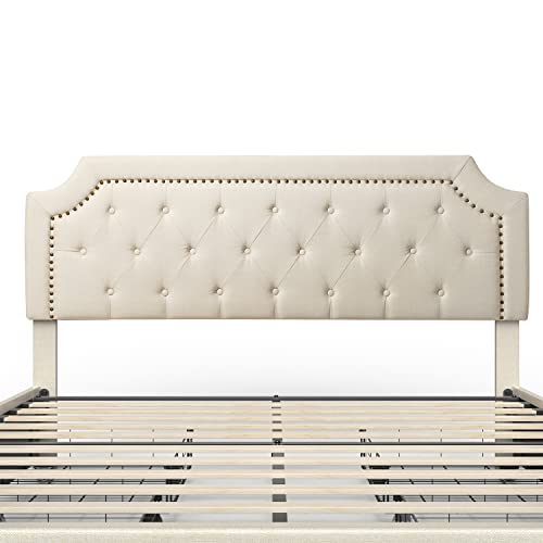 Bonsoir Queen Size Storage Bed Frame Upholstered Low Profile Traditional Platform With Tufted And Nail Headboard/No Box Spring Needed/4 Pull Out Drawers/Cream Color Linen Fabric (Queen Size) #TOP6