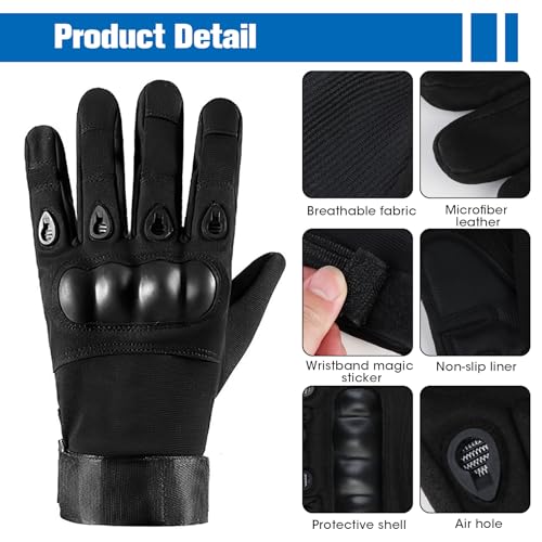 Taktische Handschuhe, Motorradhandschuhe Herren Vollfinger Militär Kampfhandschuhe mit Hartknöchelschutz, Security Handschuhe für Motorrad Motocross Bushcraft Motorrad Jagd (XL, Schwarz)