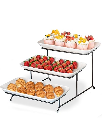Delling Large 3 Tier Serving Tray Set, 14 Inch Tiered Serving Stand, Sturdier Rack with 3 Porcelain Serving Platters, Suitable for Dessert Table Display Set, Serving Dishes for Entertaining