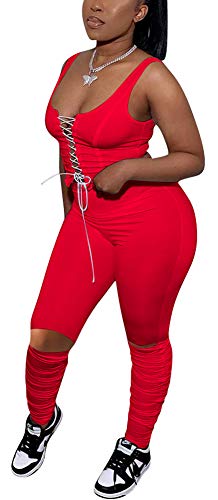 Women's Sexy 2 Piece Outfits Jogger Workout Sets Tank Top Long Pants Sports Tracksuit Party Clubwear Red 2XL