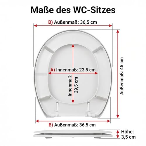 WC-Sitz aus Kunststoff, Weiß, mit Deckel, robuste und pflegeleichte Toilettenbrille, einfache Montage, geräuschmindernde Silikonpuffer, 36,5 x 45 x 3,5 cm