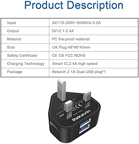 USB Plug UK Mains Charger,Rekavin Dual USB Plug Adapter UK Compact Wall Charge Head 2.1A with Smart IC Fast Charging Technology for iPhone 13 12 11 Xs/XS Max/XR/X/8/7/6/Plus,iPad Pro/Air 2/Mini 4 etc