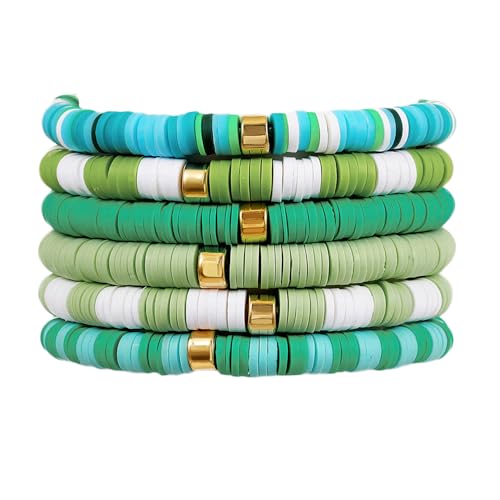 Image of COLORFUL BLING 6Pcs /Set Bohemia Heishi Clay Surfer Bead Stretch Bracelets Vinyl Disc Polymer Stackable Layering Bracelet Set Preppy Summer Beach Jewelry for Women
