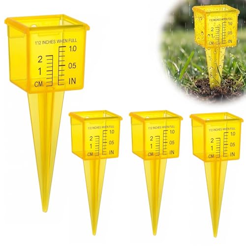 4 Pack Rain Gauge Outdoor 1.5 Plastic Water Gauge for Rain with Wide Mouth & Ground Stake Sprinkler Measuring Cup Tool for Yard Lawn Garden Irrigation High Visibility Yellow Weather Instrument