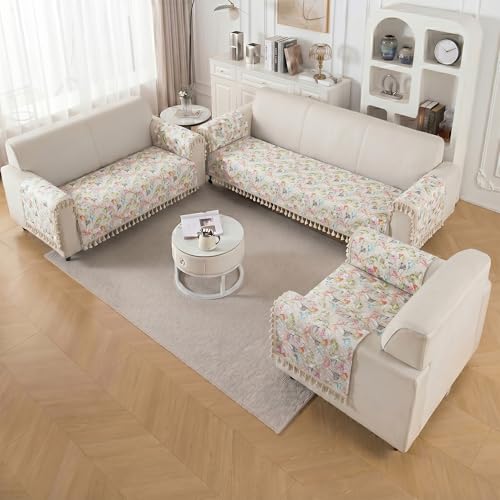 Image of Story@Home Quilted Anti Slip Sofa Cover Mat with 2 Armrest Cover, 3 Seater Velvet Sofa Protector with Tassels | Sofa Cover Mat for 1 /2 /3 Seater & L-Shape Sofa - 76 x 178 Cm - White & Multi Color