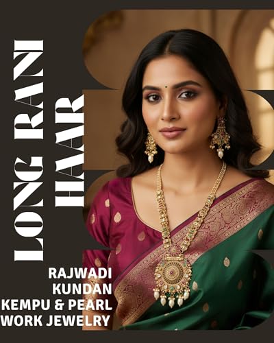 Image of Mansiyaorange South Indian Temple Style Long Pearl Rani Haar with Floral Necklace & Earrings | Traditional Gold Plated Kempu Kundan Stone Jewelry Set for Women