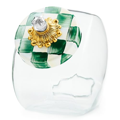 MACKENZIE-CHILDS Glass Sweets Jar with Lid, Green-and-White Emerald Check