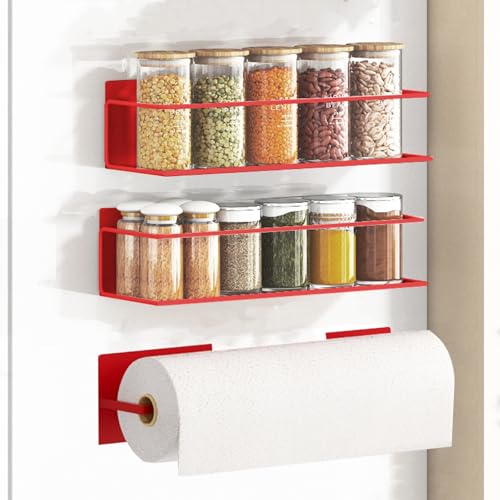 Image of Magnetic Spice Rack For Refrigerator, Space Saving Magnetic Shelf For Fridge Red 2 Pack With Magnetic Paper Towel Holder
