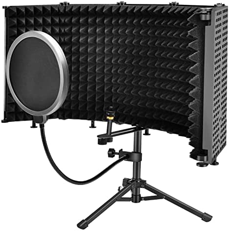Microphone Isolation Shield, 5-Panel Foldable Sound Shield, Mic Sound Absorbing Foam Shield with Tripod Stand and Pop Filter, for Recording Studio, Broadcasting, Home Voice
