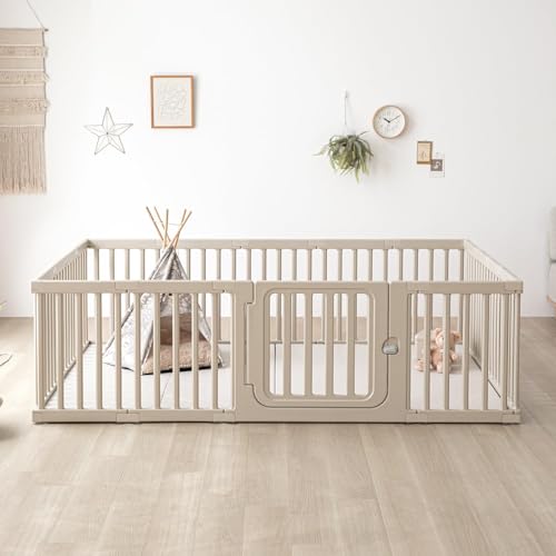 モダンデコ ベビーサークル ドア付き ドアロック機能 すべり止め付き 簡単組み立て 安全ゲート セーフティサークル 120×160cm (グレージュ, レギュラーサイズ)